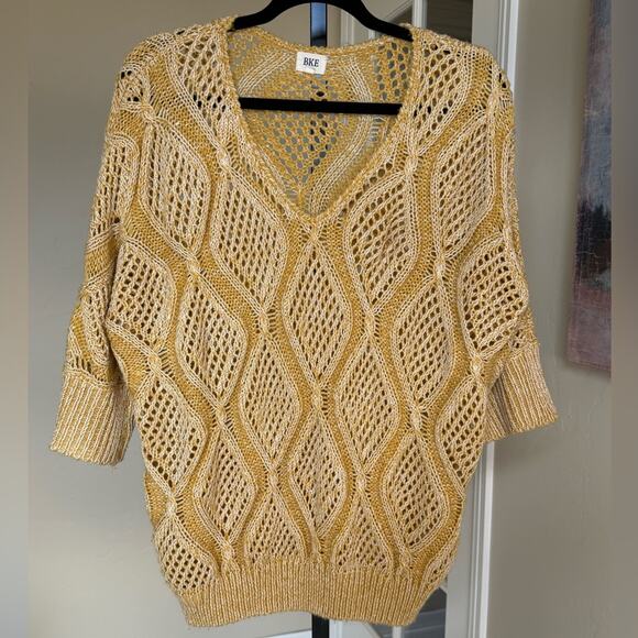 BKE Buckle Open Knit V Neck Oversized Sweater Mustard Yellow Women’s Large Fall - Picture 1 of 4